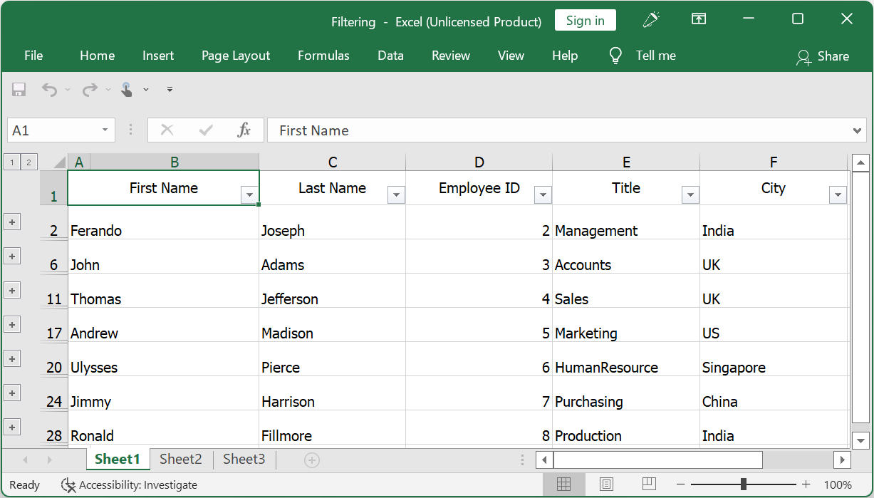 Filters on Exported Excel in WinUI TreeGrid