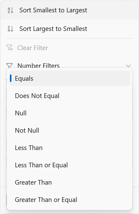 Displays Number Filter in WinUI TreeGrid