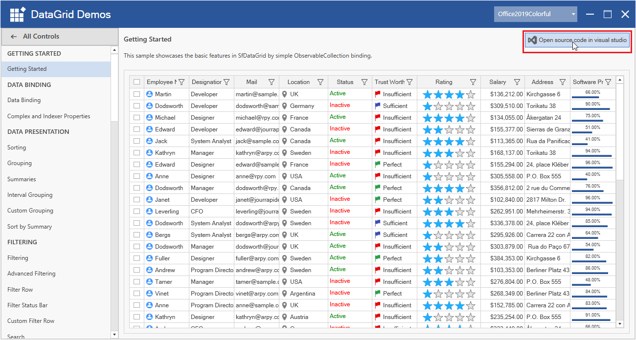 Exploring Syncfusion WPF Samples from Syncfusion WPF Sample Browser