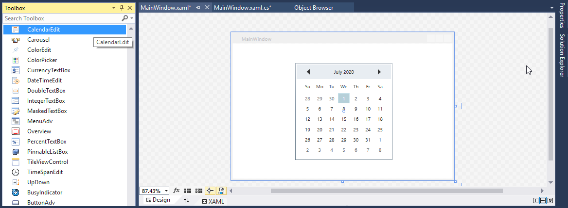 wpf calendar control added by designer