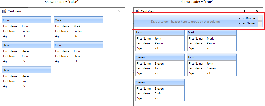 wpf card view control hides the filtering header