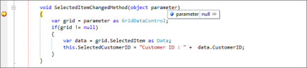 Null parameter value set in View of WPF GridData control