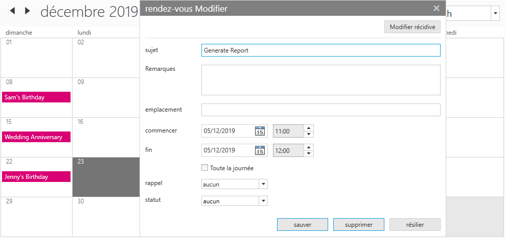 Shows the localized in French for WPF Scheduler
