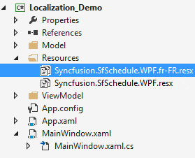 Shows the added resource file for French language in WPF Scheduler