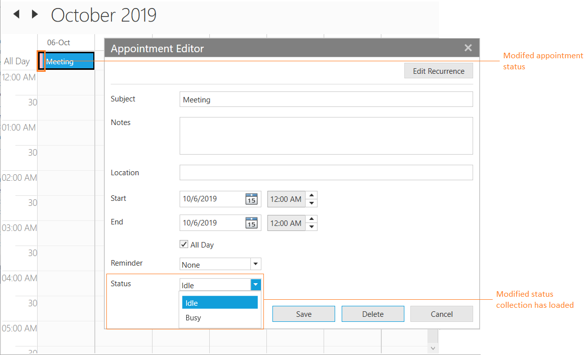 WPF Scheduler weekview appointment status changes