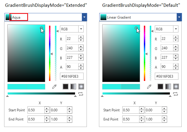 ColorPicker displays the selected gradient color name