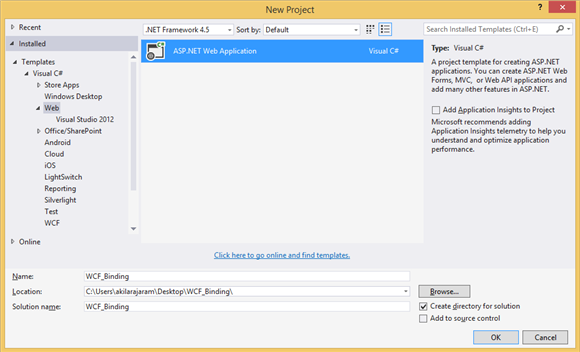 Creating the ASP.Net application from visual studio