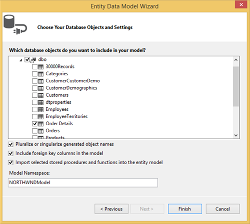 Choose the database objects and settings from Northwind when using the Enity framework 4.0
