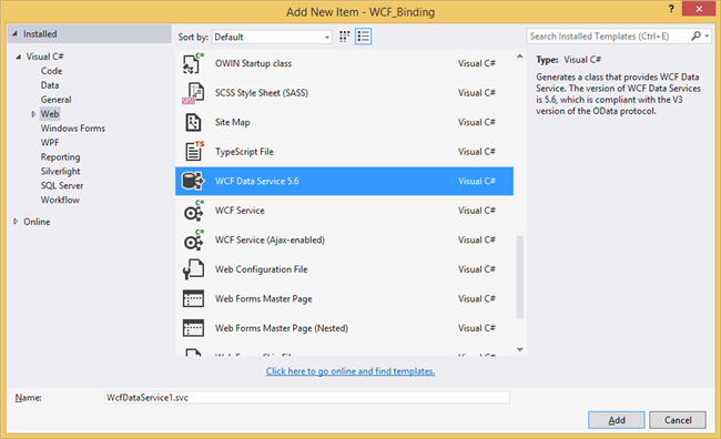 Add the WCF data service from visual studio