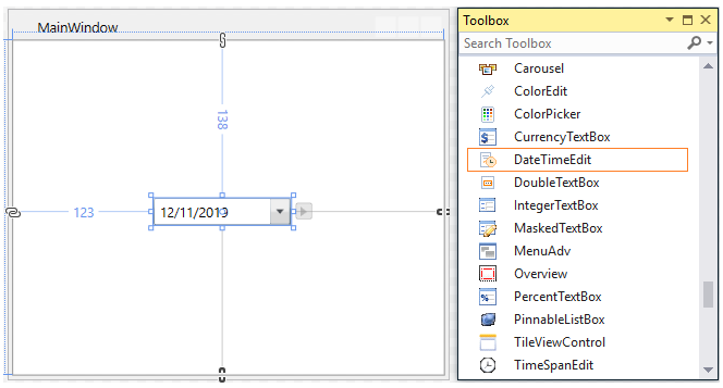 Drag and drop WPF DateTimeEdit from toolbox