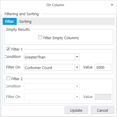 Filter tab is selected in filtering and sorting dialog
