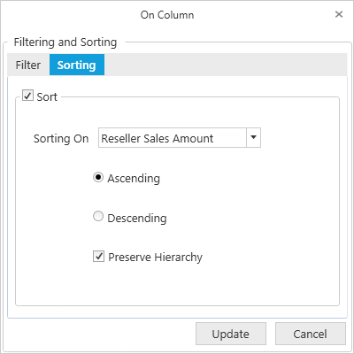 Sorting tab is selected in filtering and sorting dialog