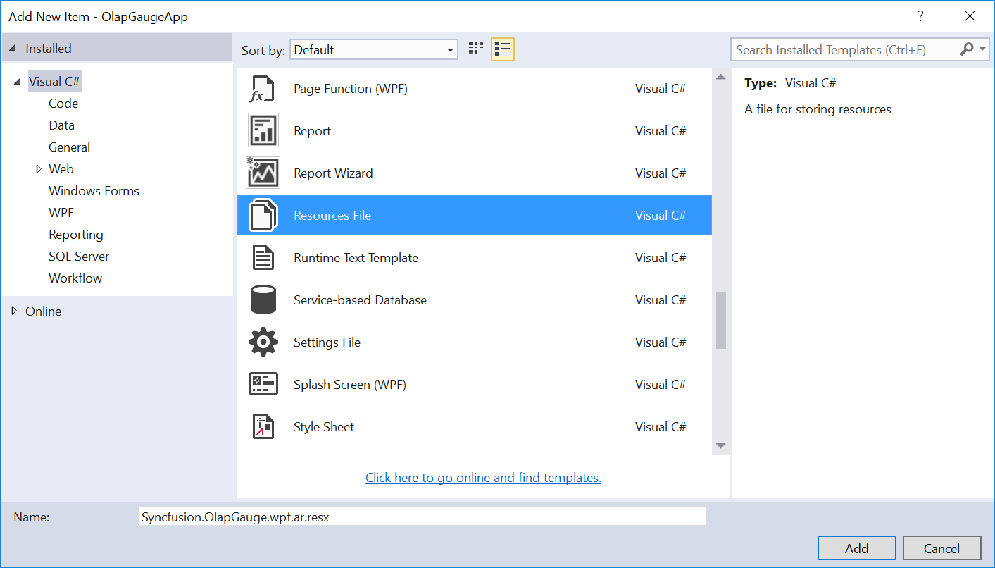 Shows add new resource file for WPF OLAPGauge