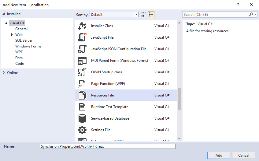 Adding new resource file in WPF application