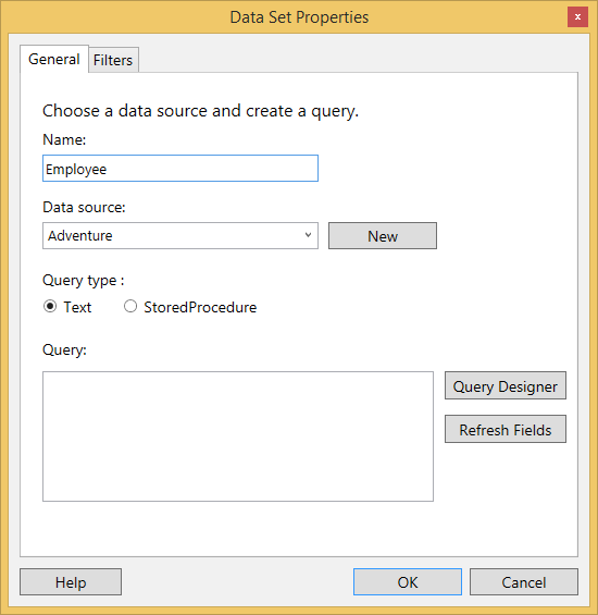 Displays Data Set Properties window of WPF ReportDesigner