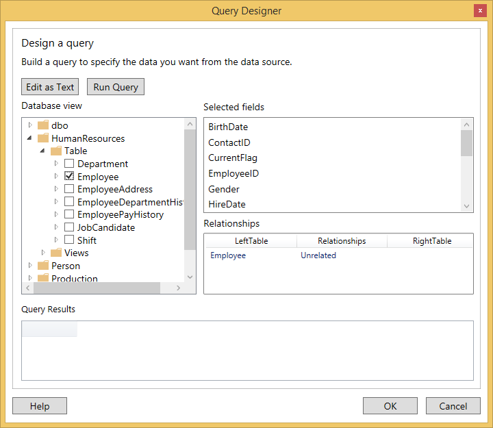 Choose the query in database and fields in Query Designer Window of WPF ReportDesigner