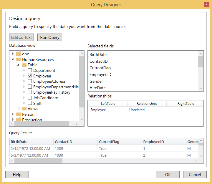 Test the query by clicking the Run Query button in WPF ReportDesigner