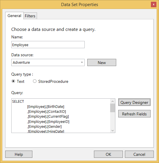 Query field added into the Data Set Properties window of WPF ReportDesigner