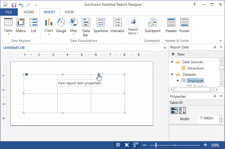 Displays add the tablix, matrix and view report item in WPF ReportDesigner