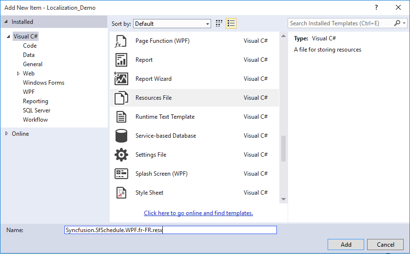 Shows the name of resource file to be added for WPF Scheduler