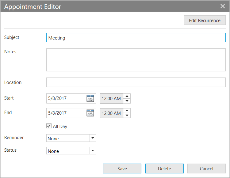 WPF Scheduler appointment editor window