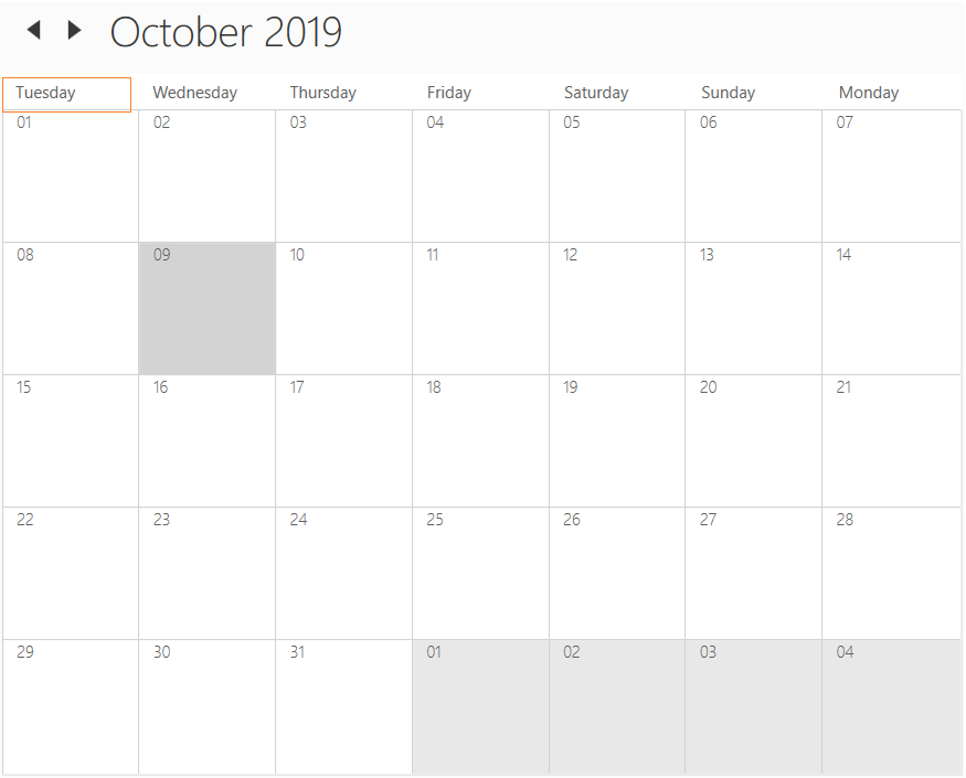 WPF Scheduler month view first day of week
