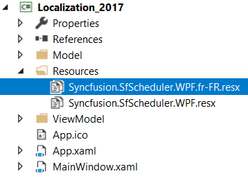 Shows the added resource file for French language in WPF Scheduler