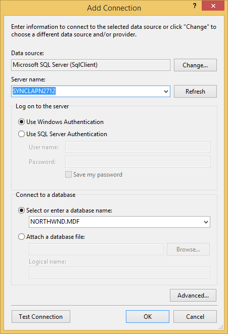 Choose the database dialog