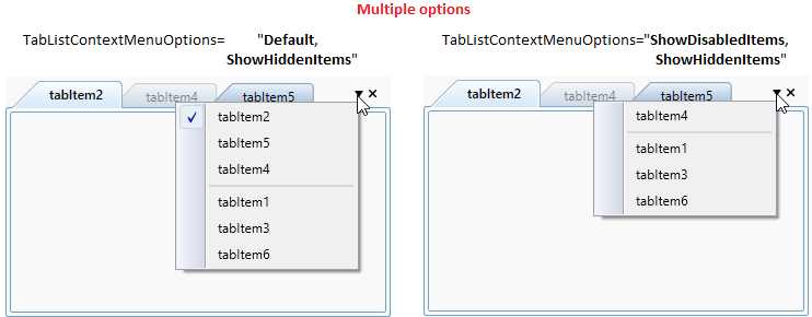 TabControl multiple type of tab items on tab list context menu