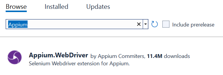 Shows the Appium.WebDriver NuGet package