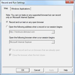 WPF UFT displays open the Record and Run Settings dialog box