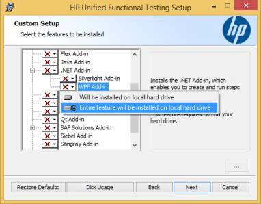 Select the needed feature to install QTP setup