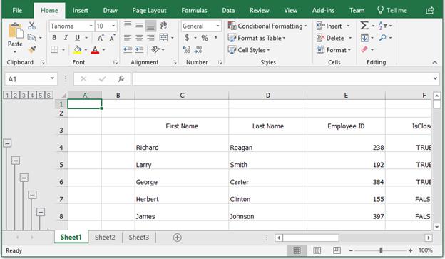 Changing Row and Column Index while Exporting from WPF TreeGrid to Excel