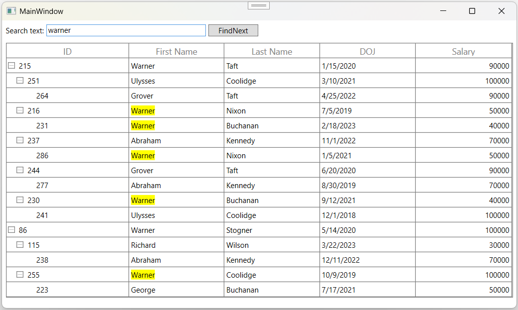 WPF TreeGrid displays Search Text only in ChildNodes