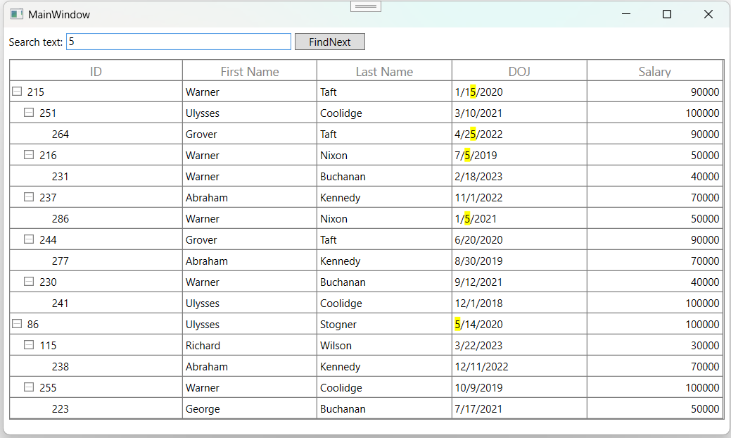 WPF TreeGrid displays Search Text only in Selected Column