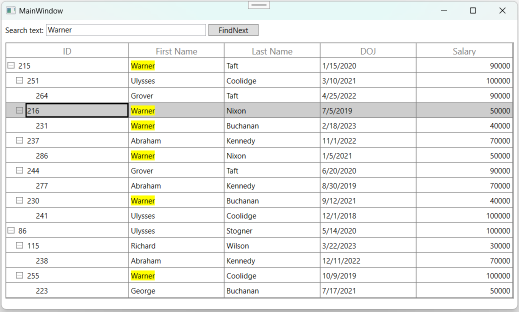 Select Record based on SearchText in WPF TreeGrid
