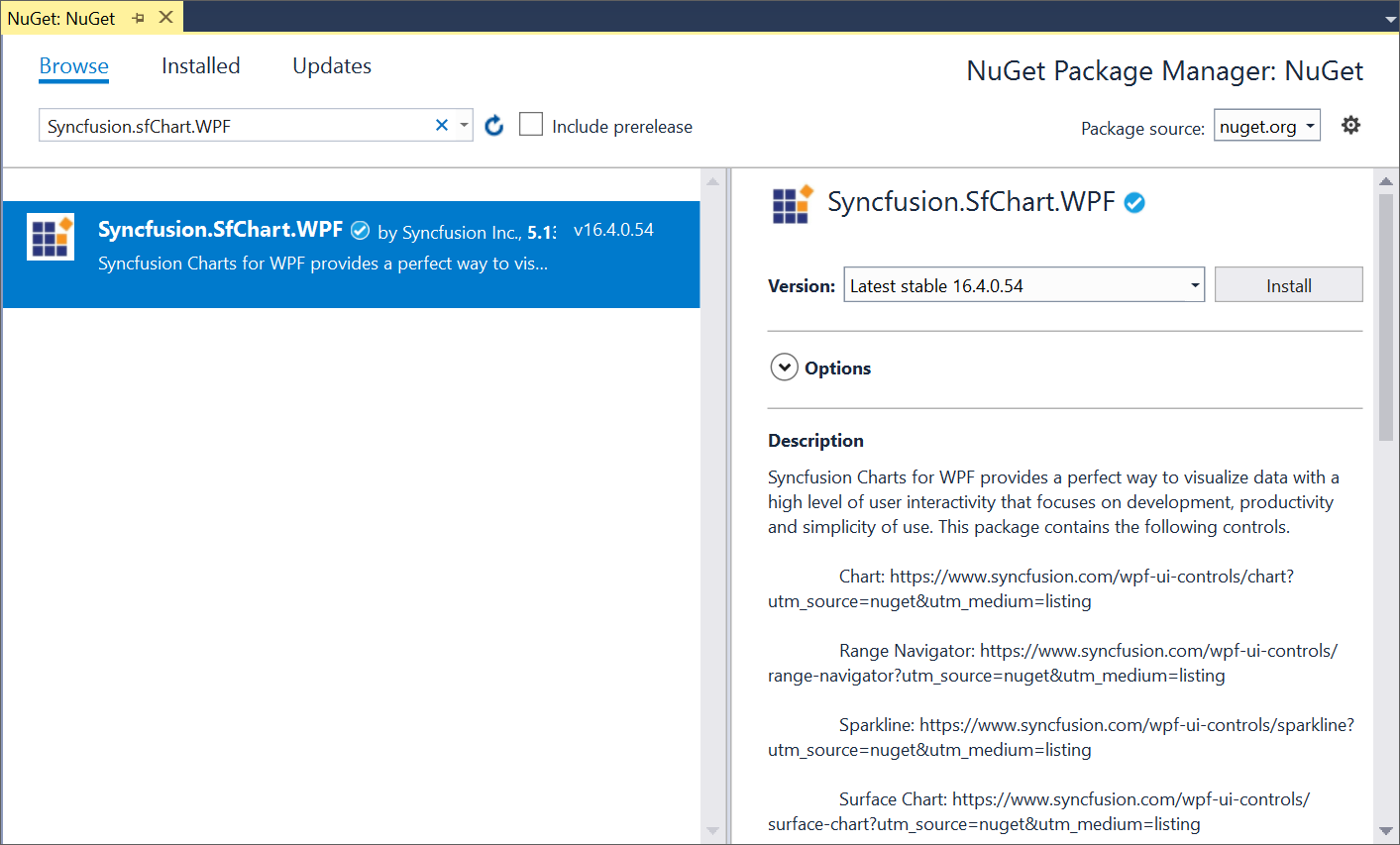 Selecting one of the syncfusion universal nuget package