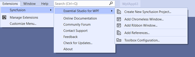 Syncfusion Menu when Selected Microsoft WPF application in Visual Studio