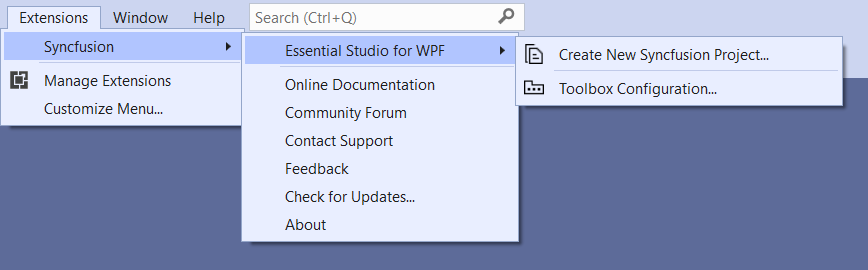 Choose Syncfusion WPF Application from Visual Studio new project dialog via Syncfusion menu
