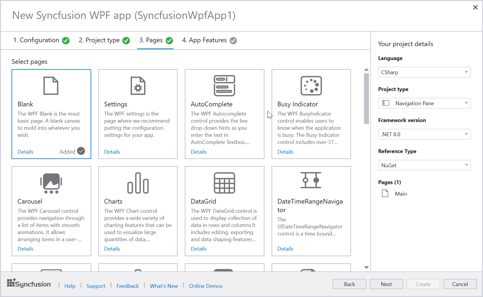 Syncfusion WPF control features selection wizard