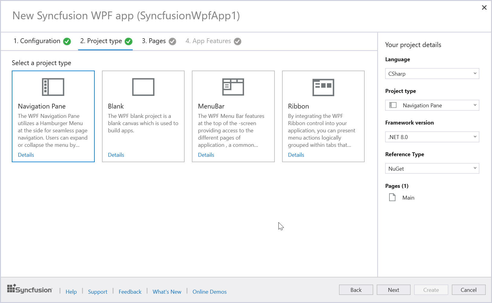 Syncfusion WPF project type selection wizard