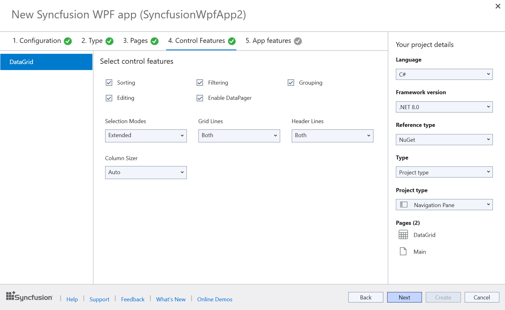 Syncfusion WinForms control features selection wizard