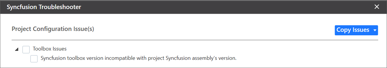 Syncfusion Toolbox version mismatched issue shown in Troubleshooter wizard