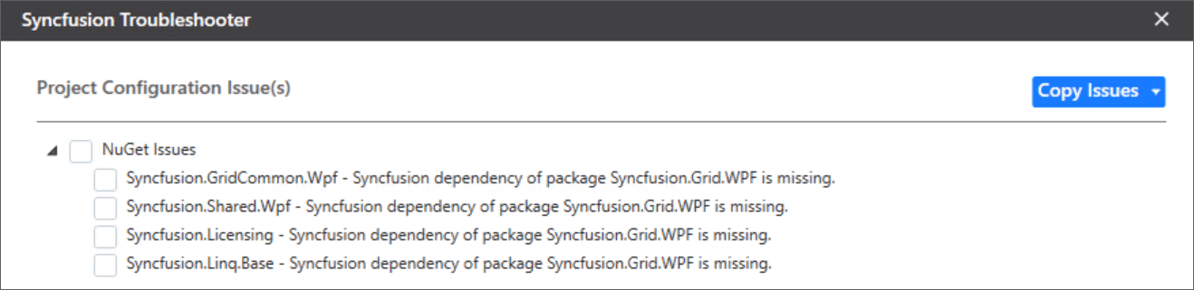 Dependent NuGet package missing issue shown in Troubleshooter wizard