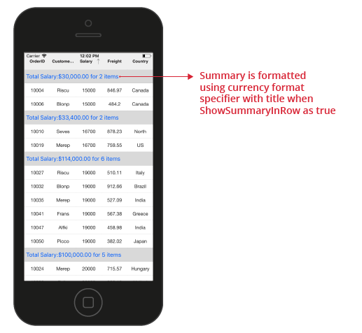 Xamarin.iOS SfDataGrid Displaying summary in the row