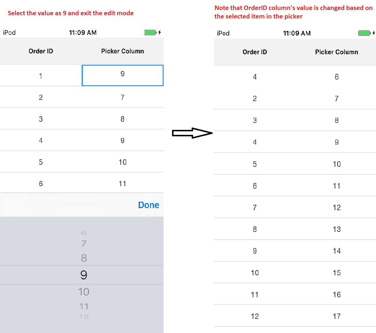 Customizing picker column values in Xamarin.iOS SfDataGrid