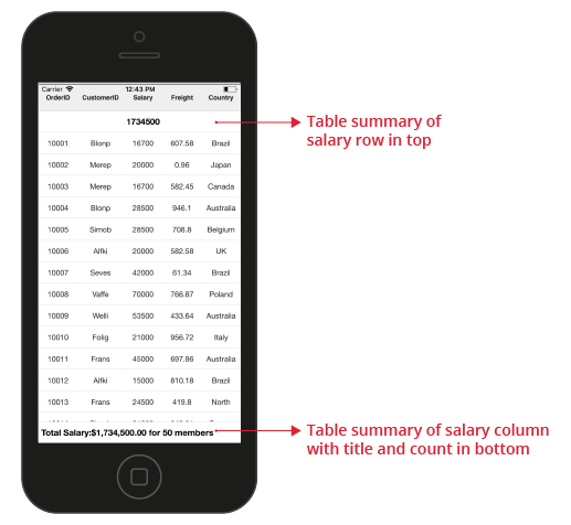 Xamarin.iOS SfDataGrid Positioning Table Summary Rows