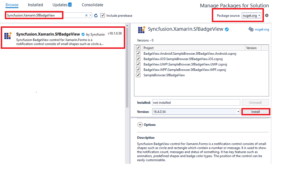 Adding SfBadgeView reference from nuget