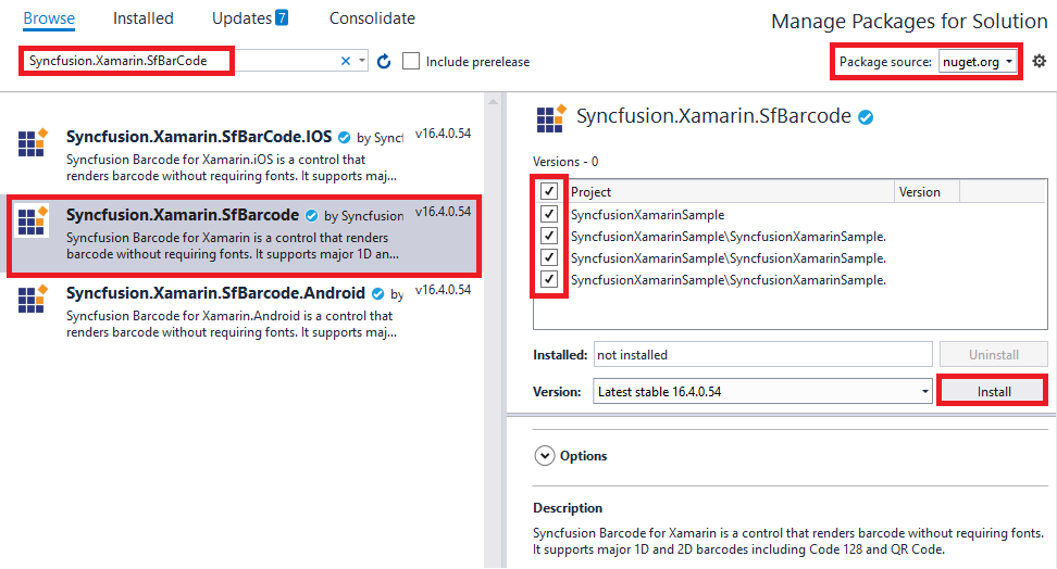 Adding SfBarcode reference from nuget