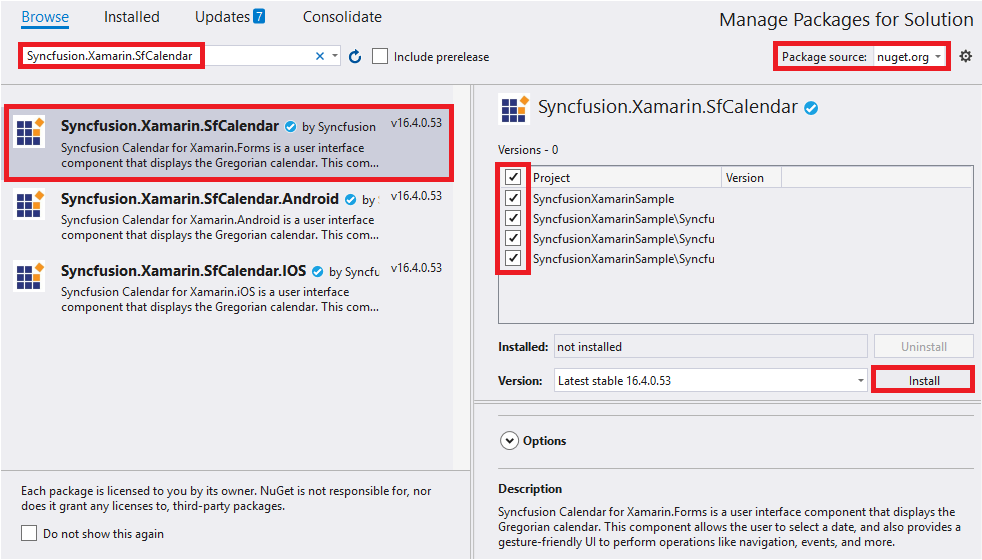 Adding SfCalendar reference from NuGet
